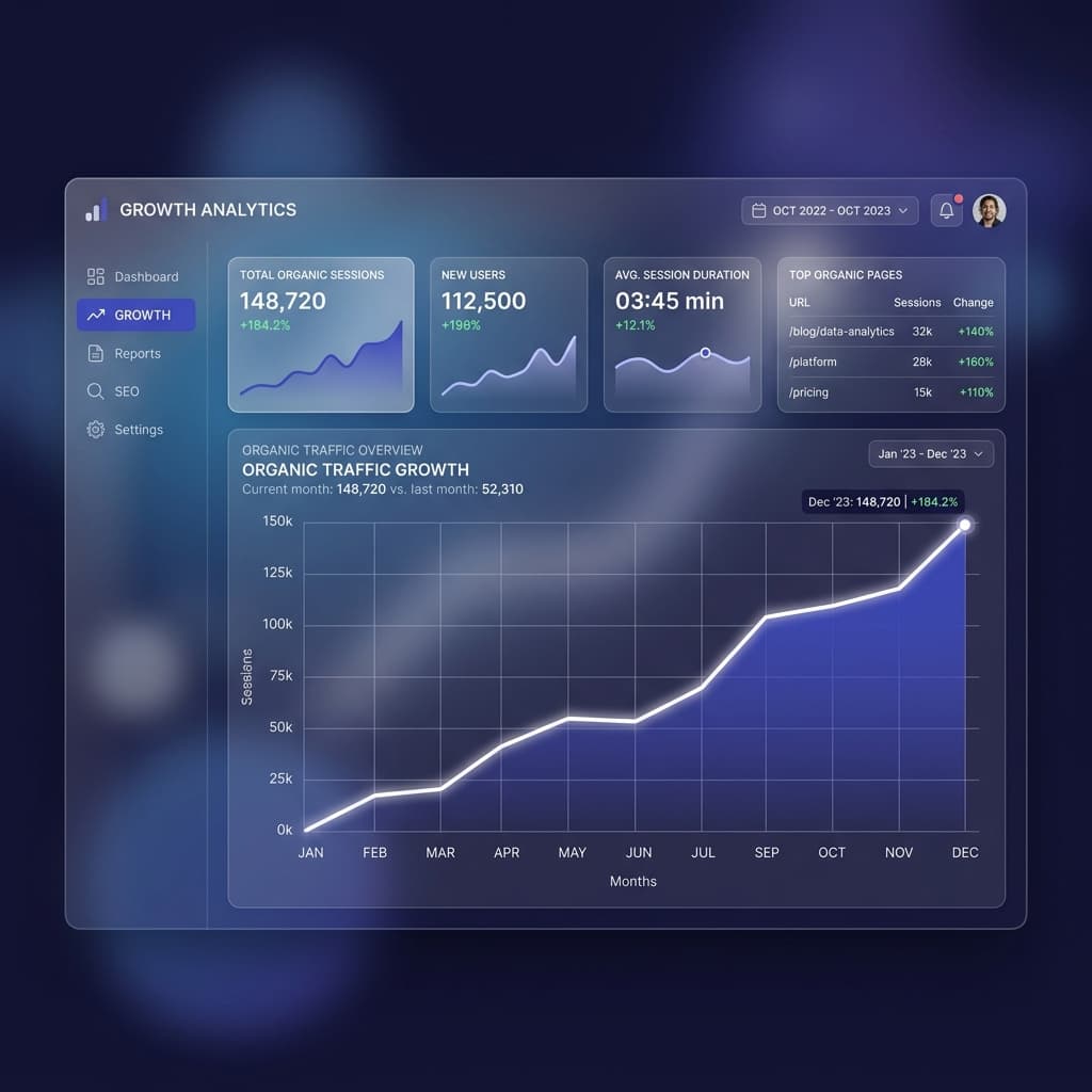 右肩上がりの検索トラフィックを表すデータダッシュボード